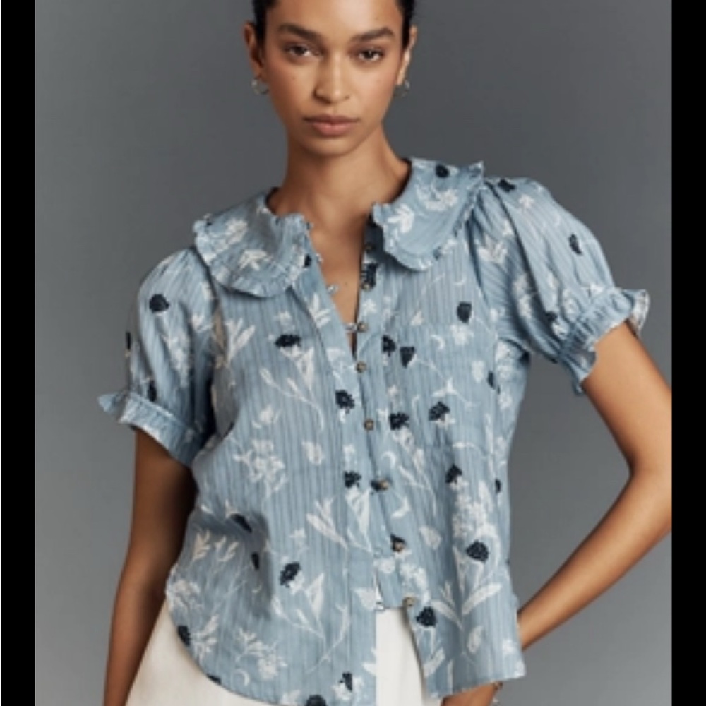 Pilcro Blue Floral Ruffle Blouse